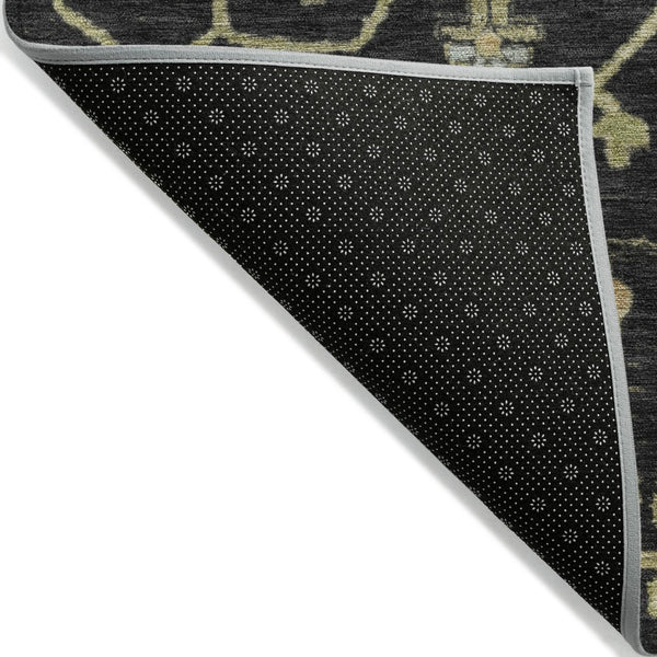 HomeRoots 8' Black and Gold Round Floral Rug - Durable, Stain Resistant, Machine Washable for Indoor & Outdoor Use 626196
