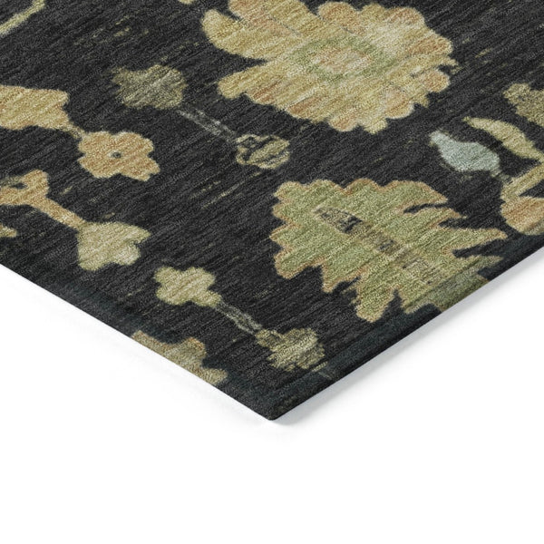 HomeRoots 8' Black and Gold Round Floral Rug - Durable, Stain Resistant, Machine Washable for Indoor & Outdoor Use 626196