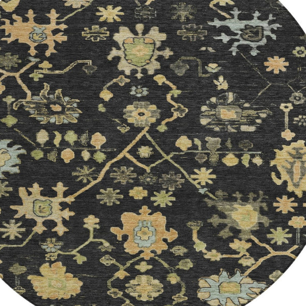 HomeRoots 8' Black and Gold Round Floral Rug - Durable, Stain Resistant, Machine Washable for Indoor & Outdoor Use 626196