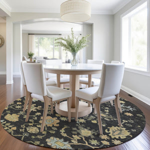 HomeRoots 8' Black and Gold Round Floral Rug - Durable, Stain Resistant, Machine Washable for Indoor & Outdoor Use 626196