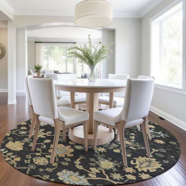 HomeRoots 8' Black and Gold Round Floral Rug - Durable, Stain Resistant, Machine Washable for Indoor & Outdoor Use 626196