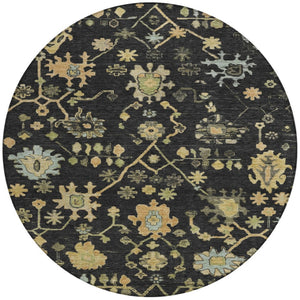 HomeRoots 8' Black and Gold Round Floral Rug - Durable, Stain Resistant, Machine Washable for Indoor & Outdoor Use 626196