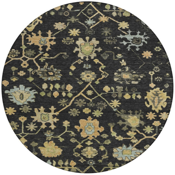 HomeRoots 8' Black and Gold Round Floral Rug - Durable, Stain Resistant, Machine Washable for Indoor & Outdoor Use 626196