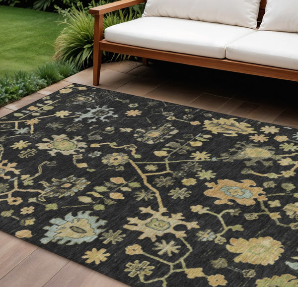 HomeRoots 8' X 10' Black and Gold Floral Washable Area Rug - Durable, Stylish for Indoor & Outdoor Spaces! 626197