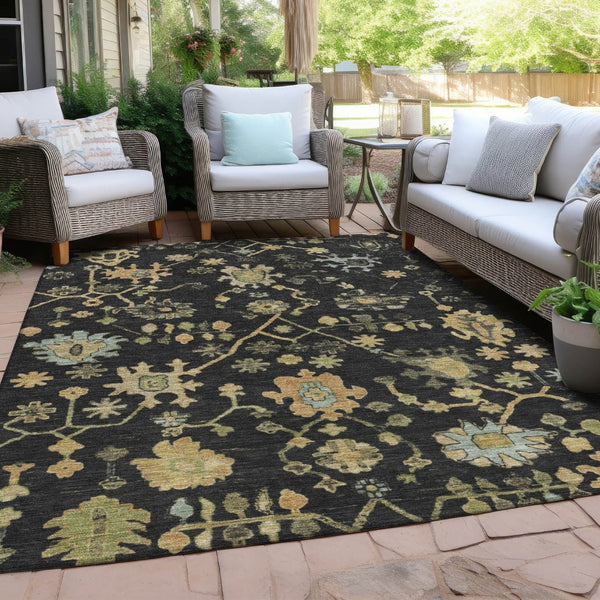 HomeRoots 8' X 10' Black and Gold Floral Washable Area Rug - Durable, Stylish for Indoor & Outdoor Spaces! 626197