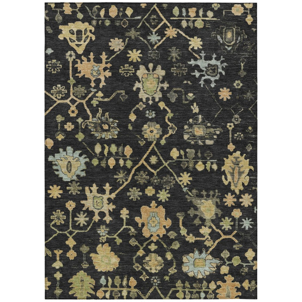 HomeRoots 8' X 10' Black and Gold Floral Washable Area Rug - Durable, Stylish for Indoor & Outdoor Spaces! 626197