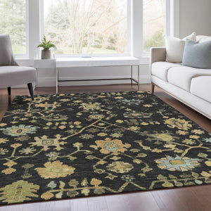 HomeRoots 8' X 10' Black and Gold Floral Washable Area Rug - Durable, Stylish for Indoor & Outdoor Spaces! 626197