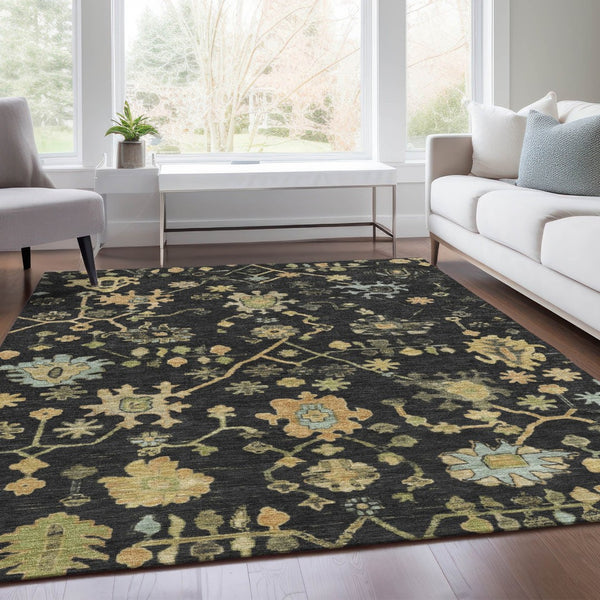 HomeRoots 8' X 10' Black and Gold Floral Washable Area Rug - Durable, Stylish for Indoor & Outdoor Spaces! 626197