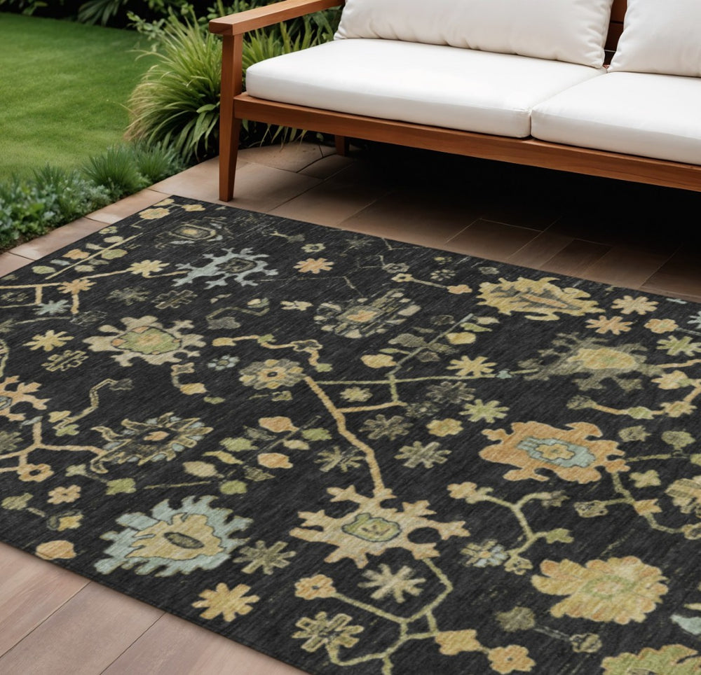 HomeRoots 9' X 12' Black and Gold Floral Area Rug - Durable, Washable Design for Indoor & Outdoor Elegance 626198