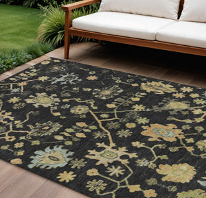 HomeRoots 9' X 12' Black and Gold Floral Area Rug - Durable, Washable Design for Indoor & Outdoor Elegance 626198