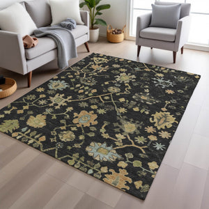 HomeRoots 9' X 12' Black and Gold Floral Area Rug - Durable, Washable Design for Indoor & Outdoor Elegance 626198