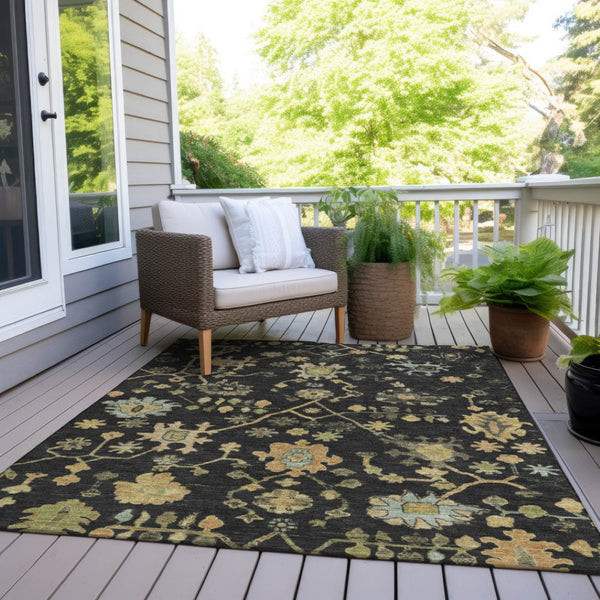 HomeRoots 10' Black and Gold Floral Area Rug - Washable, Durable Design for Indoor & Outdoor Elegance! 626199
