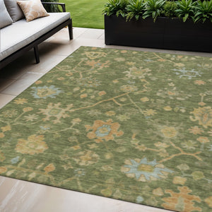 HomeRoots 5' Indoor-Outdoor Fern Green and Gold Floral Area Rug - Washable, Durable, Stylish for Any Space 626207