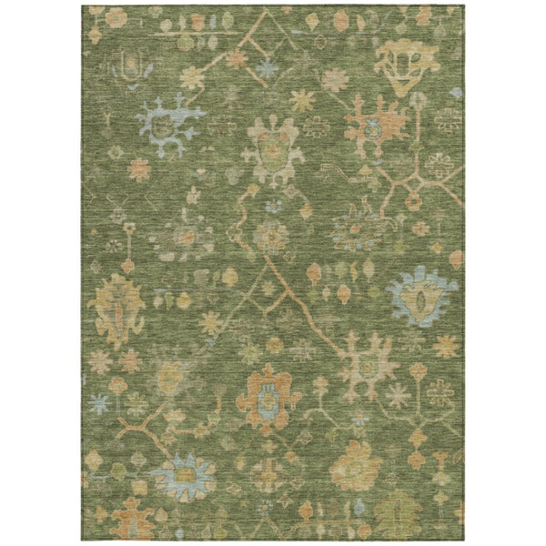 HomeRoots 5' Indoor-Outdoor Fern Green and Gold Floral Area Rug - Washable, Durable, Stylish for Any Space 626207