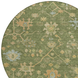 HomeRoots 8' Fern Green and Gold Round Floral Rug - Durable, Washable for Indoor & Outdoor High-Traffic Areas 626208