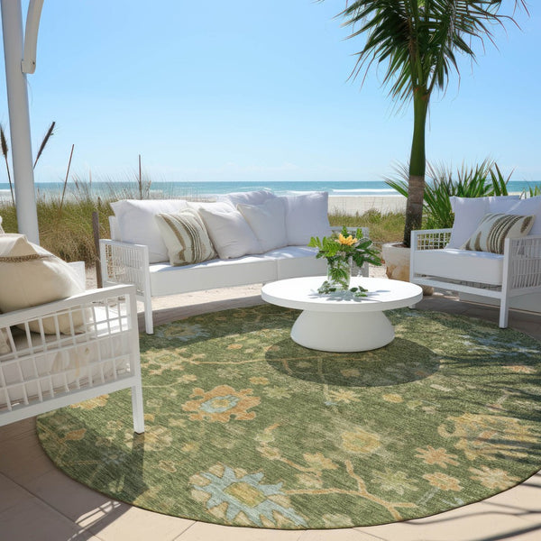 HomeRoots 8' Fern Green and Gold Round Floral Rug - Durable, Washable for Indoor & Outdoor High-Traffic Areas 626208