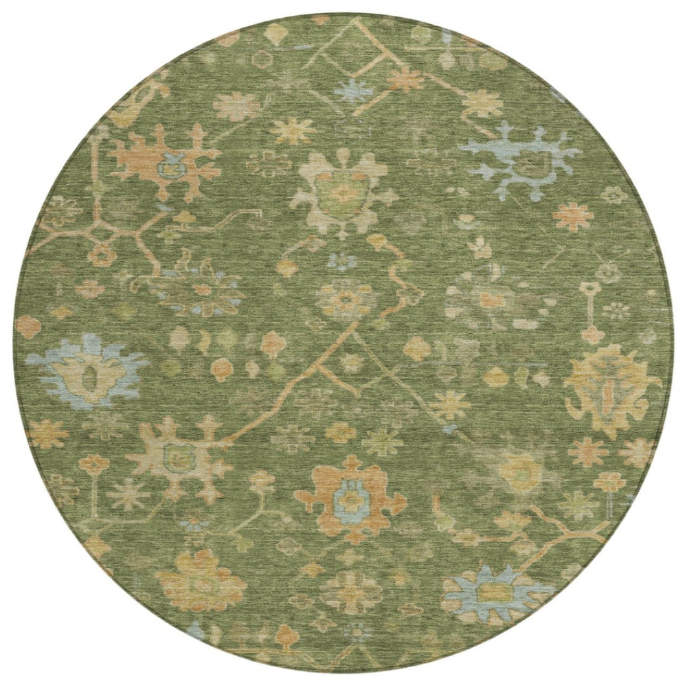 HomeRoots 8' Fern Green and Gold Round Floral Rug - Durable, Washable for Indoor & Outdoor High-Traffic Areas 626208