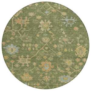 HomeRoots 8' Fern Green and Gold Round Floral Rug - Durable, Washable for Indoor & Outdoor High-Traffic Areas 626208