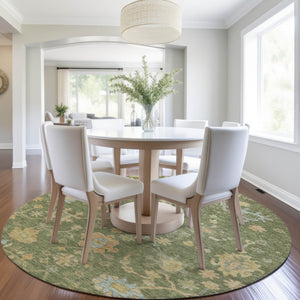 HomeRoots 8' Fern Green and Gold Round Floral Rug - Durable, Washable for Indoor & Outdoor High-Traffic Areas 626208