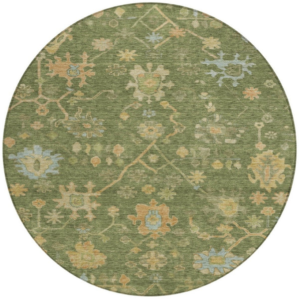 HomeRoots 8' Fern Green and Gold Round Floral Rug - Durable, Washable for Indoor & Outdoor High-Traffic Areas 626208