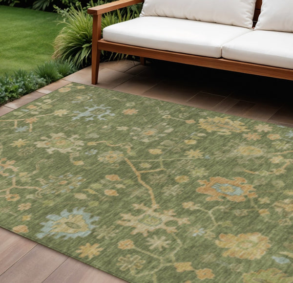 HomeRoots 8' X 10' Fern Green & Gold Floral Area Rug – Durable, Washable, Perfect for Indoor & Outdoor Spaces! 626209