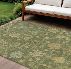 HomeRoots 9' X 12' Stylish Fern Green & Gold Floral Area Rug - Washable, Durable for Indoor & Outdoor Use! 626210