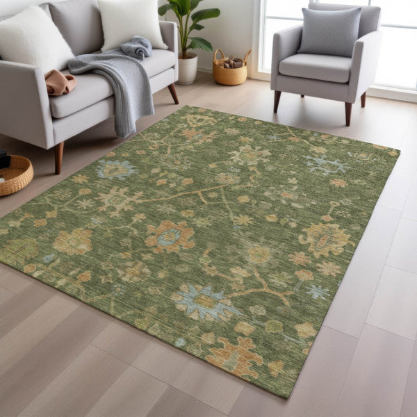 HomeRoots 9' X 12' Stylish Fern Green & Gold Floral Area Rug - Washable, Durable for Indoor & Outdoor Use! 626210