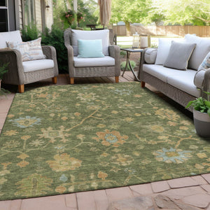 HomeRoots 10' X 14' Elegant Fern Green & Gold Floral Washable Area Rug for Indoor & Outdoor Spaces 626211