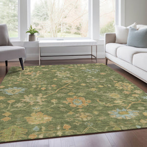 HomeRoots 10' X 14' Elegant Fern Green & Gold Floral Washable Area Rug for Indoor & Outdoor Spaces 626211