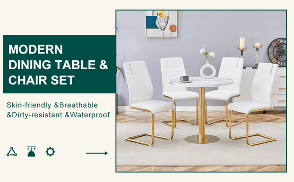 English Elm Table 5-Piece Set: Elegant White Marble Round Dining Table With Gold Legs & 4 Pu Upholstered Chairs W1151S02491-GIGA