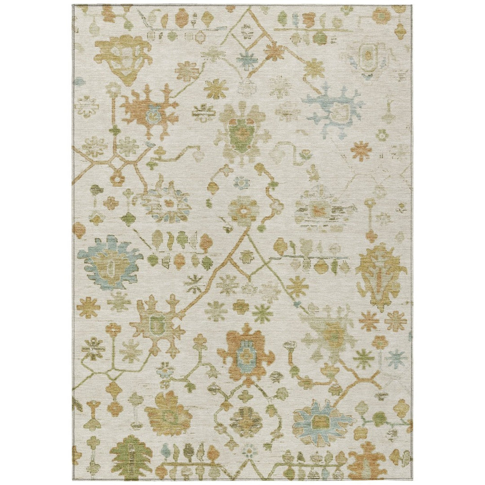 HomeRoots 5' Elegant Ivory and Gold Floral Indoor-Outdoor Area Rug – Durable, Washable, Perfect for Any Space! 626219