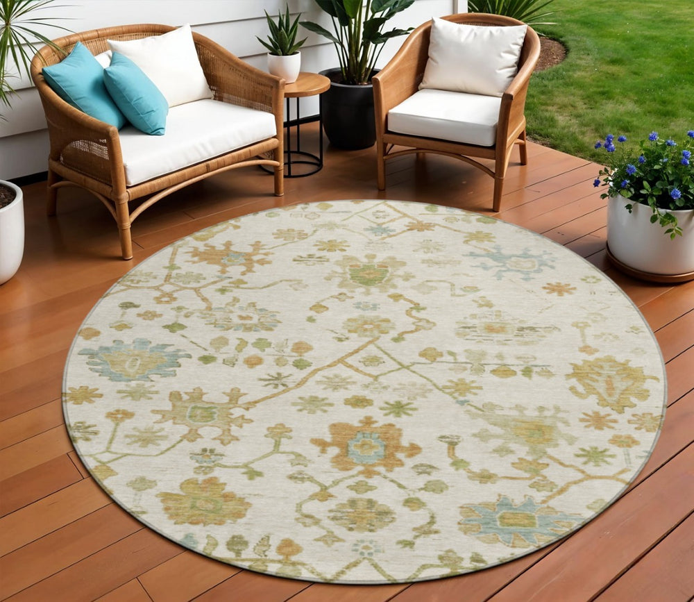 HomeRoots 8' Elegant Ivory and Gold Round Floral Indoor/Outdoor Area Rug - Washable, Durable, Stylish Design 626220