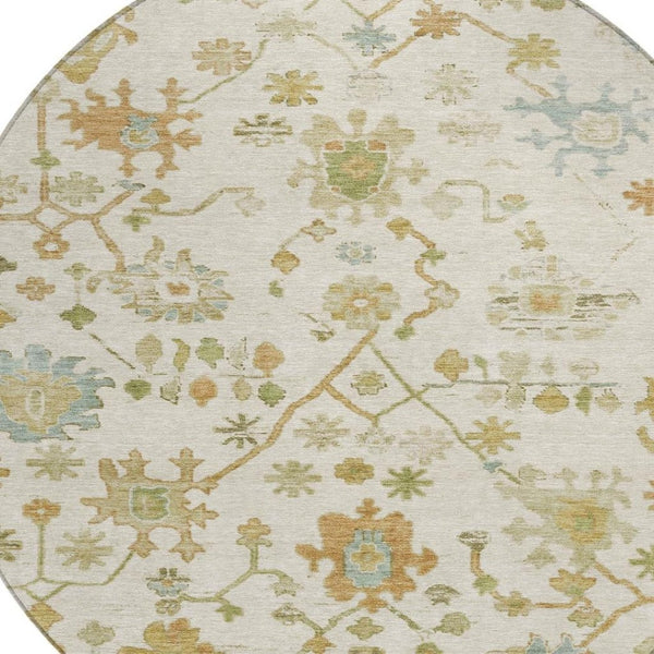 HomeRoots 8' Elegant Ivory and Gold Round Floral Indoor/Outdoor Area Rug - Washable, Durable, Stylish Design 626220