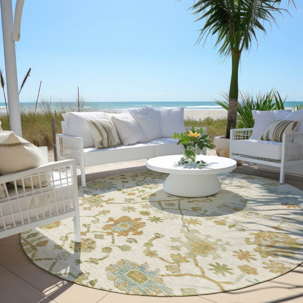 HomeRoots 8' Elegant Ivory and Gold Round Floral Indoor/Outdoor Area Rug - Washable, Durable, Stylish Design 626220