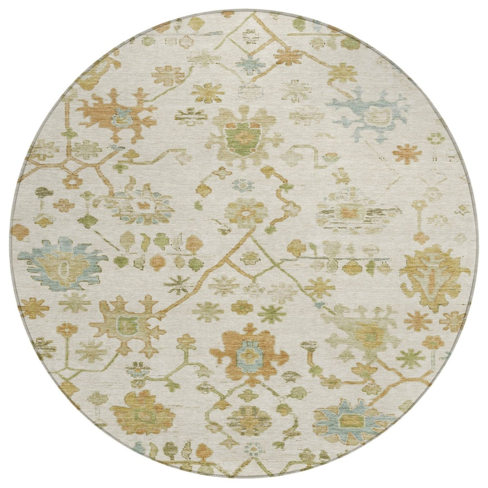 HomeRoots 8' Elegant Ivory and Gold Round Floral Indoor/Outdoor Area Rug - Washable, Durable, Stylish Design 626220