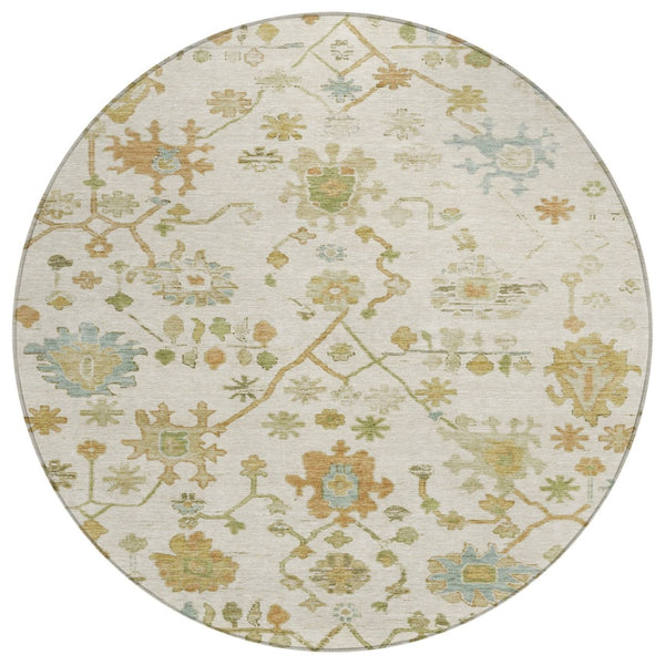 HomeRoots 8' Elegant Ivory and Gold Round Floral Indoor/Outdoor Area Rug - Washable, Durable, Stylish Design 626220
