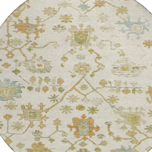 HomeRoots 8' Elegant Ivory and Gold Round Floral Indoor/Outdoor Area Rug - Washable, Durable, Stylish Design 626220