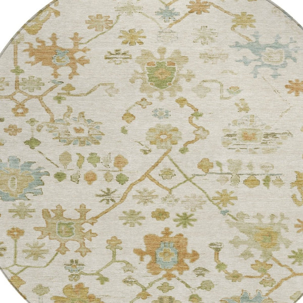 HomeRoots 8' Elegant Ivory and Gold Round Floral Indoor/Outdoor Area Rug - Washable, Durable, Stylish Design 626220