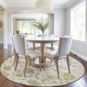 HomeRoots 8' Elegant Ivory and Gold Round Floral Indoor/Outdoor Area Rug - Washable, Durable, Stylish Design 626220