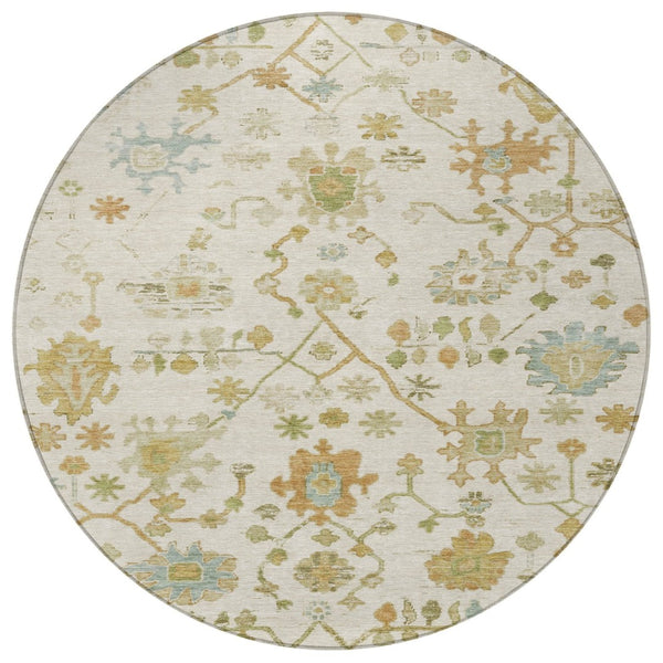 HomeRoots 8' Elegant Ivory and Gold Round Floral Indoor/Outdoor Area Rug - Washable, Durable, Stylish Design 626220
