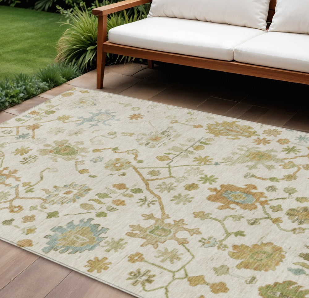 HomeRoots 9' X 12' Elegant Ivory and Gold Floral Area Rug - Durable, Washable Design for Indoor & Outdoor Use 626222