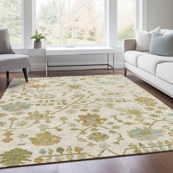 HomeRoots 9' X 12' Elegant Ivory and Gold Floral Area Rug - Durable, Washable Design for Indoor & Outdoor Use 626222