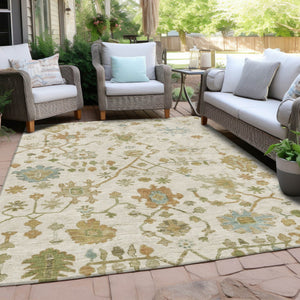 HomeRoots 10' Ivory and Gold Floral Washable Area Rug - Elegant, Durable Design for Indoor/Outdoor Spaces 626223