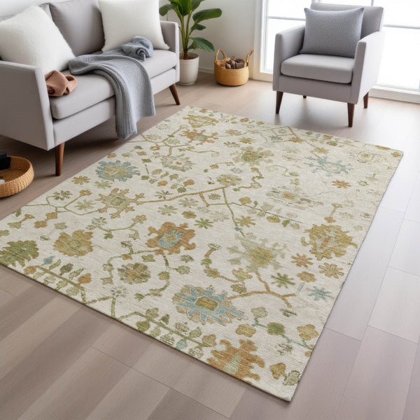 HomeRoots 10' Ivory and Gold Floral Washable Area Rug - Elegant, Durable Design for Indoor/Outdoor Spaces 626223