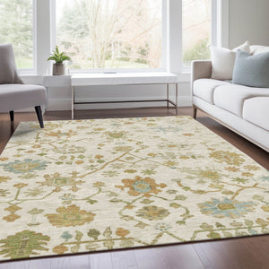 HomeRoots 10' Ivory and Gold Floral Washable Area Rug - Elegant, Durable Design for Indoor/Outdoor Spaces 626223