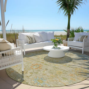 HomeRoots 8' Round Floral Area Rug in Khaki & Beige - Washable, Stain-Resistant Design for Indoor/Outdoor Use 626226