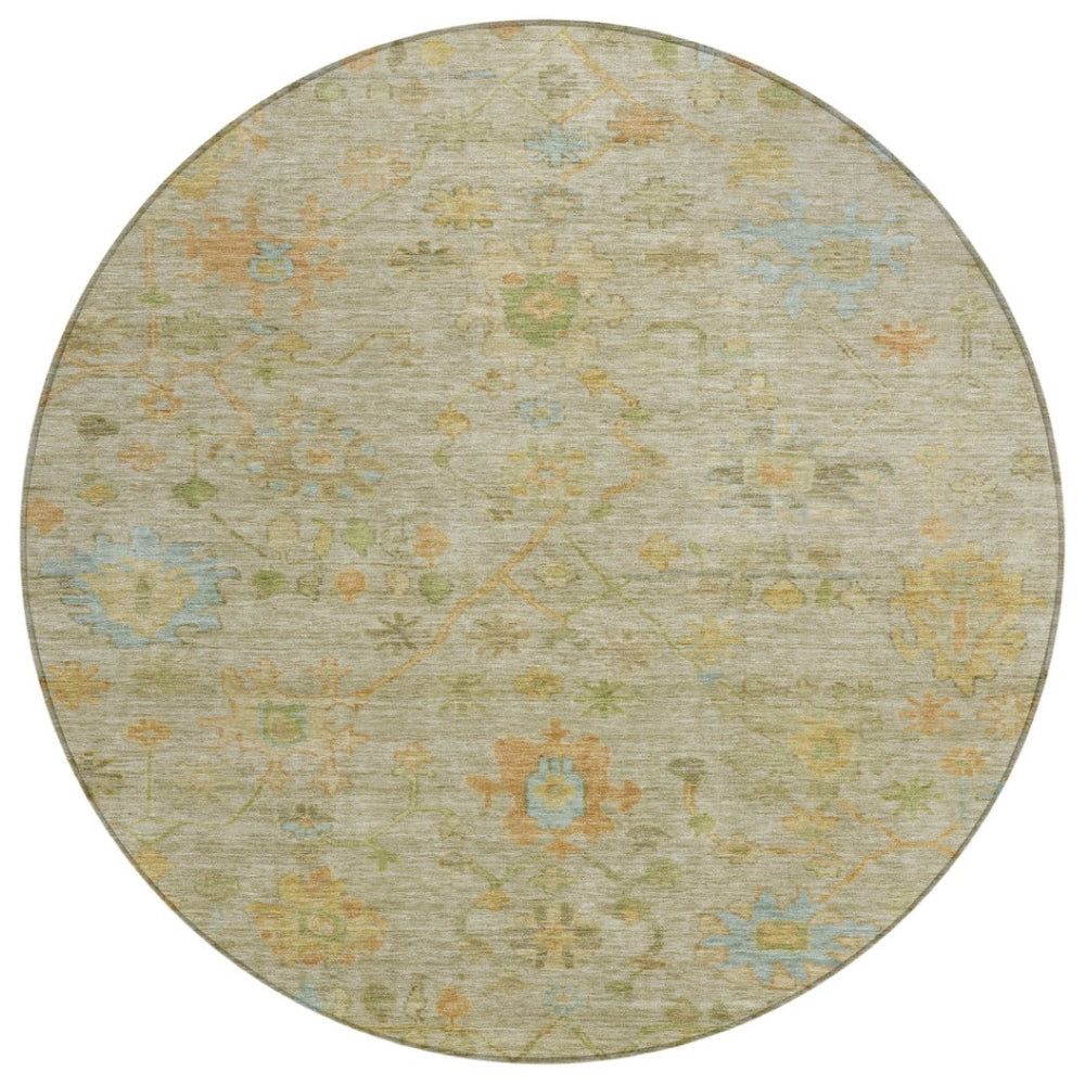HomeRoots 8' Round Floral Area Rug in Khaki & Beige - Washable, Stain-Resistant Design for Indoor/Outdoor Use 626226