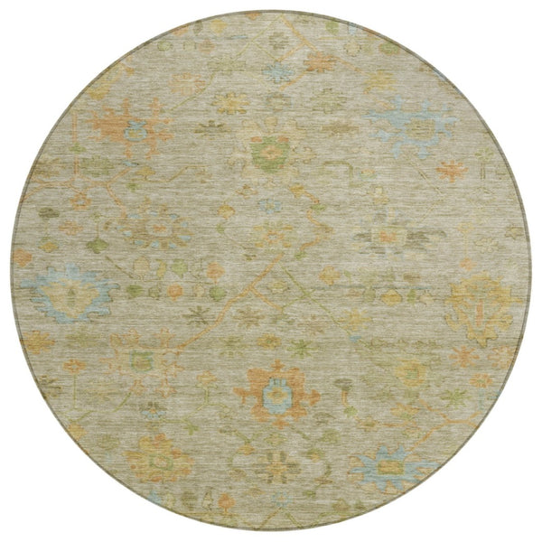 HomeRoots 8' Round Floral Area Rug in Khaki & Beige - Washable, Stain-Resistant Design for Indoor/Outdoor Use 626226