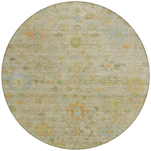 HomeRoots 8' Round Floral Area Rug in Khaki & Beige - Washable, Stain-Resistant Design for Indoor/Outdoor Use 626226