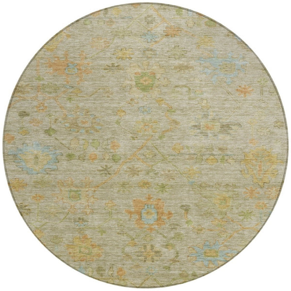 HomeRoots 8' Round Floral Area Rug in Khaki & Beige - Washable, Stain-Resistant Design for Indoor/Outdoor Use 626226